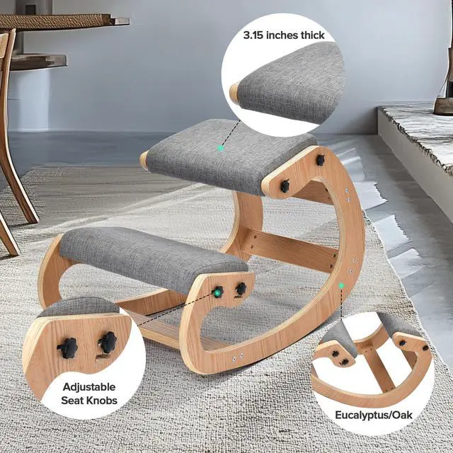 Alt view image 6 of 6 - Kneeling Chair Ergonomic Posture Chair, Wood Adjustable Rocking Knee with Soft Padding, Natural Relief for Neck or Back Pain for Home Office, Max Load 300 lb - Gray