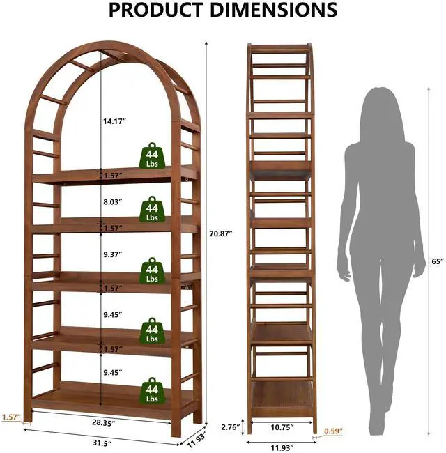 Alt view image 2 of 6 - 5-Tier Solid Wood Open Bookcase, Modern Arched Bookshelf, Home Office Shelf Storage Organizer, Storage Display Rack Shelf for Living Room (Walnut)