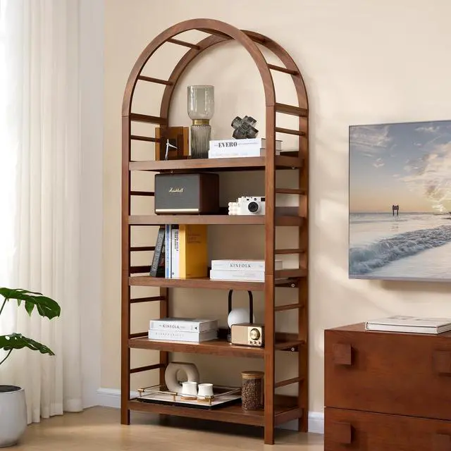 Alt view image 3 of 6 - 5-Tier Solid Wood Open Bookcase, Modern Arched Bookshelf, Home Office Shelf Storage Organizer, Storage Display Rack Shelf for Living Room (Walnut)
