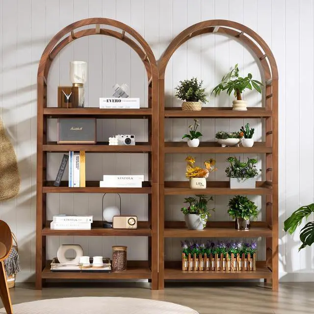Alt view image 4 of 6 - 5-Tier Solid Wood Open Bookcase, Modern Arched Bookshelf, Home Office Shelf Storage Organizer, Storage Display Rack Shelf for Living Room (Walnut)