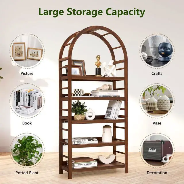 Alt view image 5 of 6 - 5-Tier Solid Wood Open Bookcase, Modern Arched Bookshelf, Home Office Shelf Storage Organizer, Storage Display Rack Shelf for Living Room (Walnut)