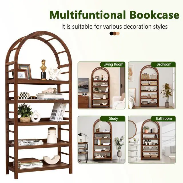 Alt view image 6 of 6 - 5-Tier Solid Wood Open Bookcase, Modern Arched Bookshelf, Home Office Shelf Storage Organizer, Storage Display Rack Shelf for Living Room (Walnut)