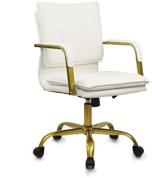 Main image of Leather Home Office Desk Chair, Swivel Mid-Back Computer Chair with Golden Legs and Arms, Comfy Upholstered Task Chair with Wheels, White