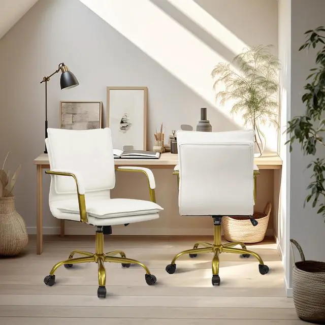 Alt view image 2 of 6 - Leather Home Office Desk Chair, Swivel Mid-Back Computer Chair with Golden Legs and Arms, Comfy Upholstered Task Chair with Wheels, White