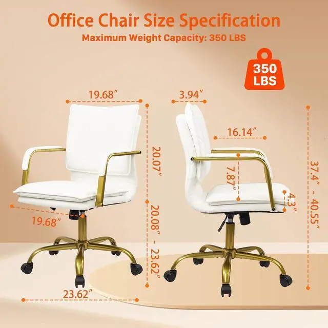 Alt view image 3 of 6 - Leather Home Office Desk Chair, Swivel Mid-Back Computer Chair with Golden Legs and Arms, Comfy Upholstered Task Chair with Wheels, White