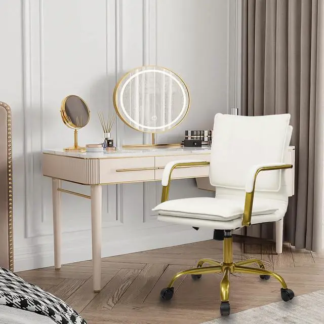 Alt view image 4 of 6 - Leather Home Office Desk Chair, Swivel Mid-Back Computer Chair with Golden Legs and Arms, Comfy Upholstered Task Chair with Wheels, White