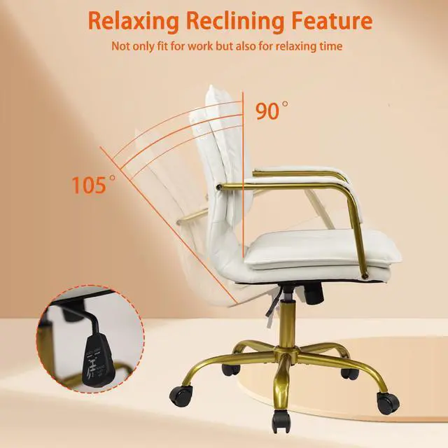 Alt view image 6 of 6 - Leather Home Office Desk Chair, Swivel Mid-Back Computer Chair with Golden Legs and Arms, Comfy Upholstered Task Chair with Wheels, White