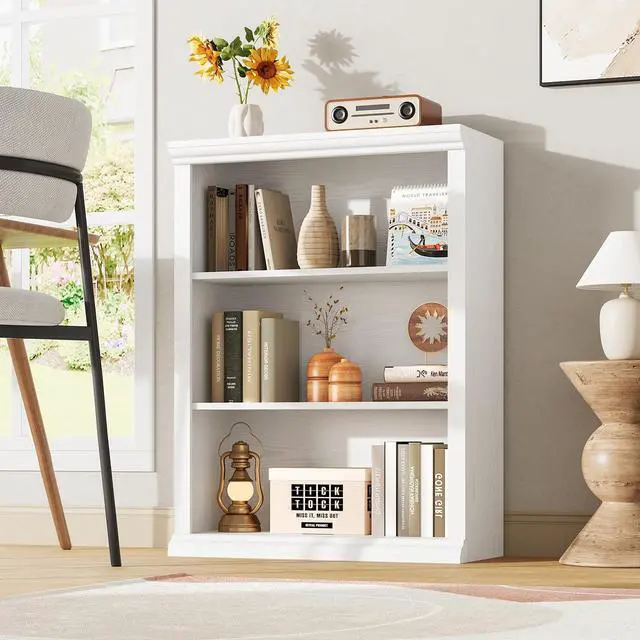 Main image of 3 Tier Bookcase 27.6" W Bookshelf, White | Ample Vertical Storage Space, Modern Minimalist Home Design, For Home Office, Living Room, Bedroom
