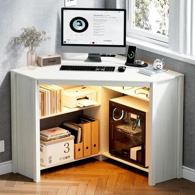 Main image of Corner Desk with Charging Station and LED Lights, White | Triangle gaming computer desk for home office, Features space saving storage shelves, CPU stand, and smart LED light