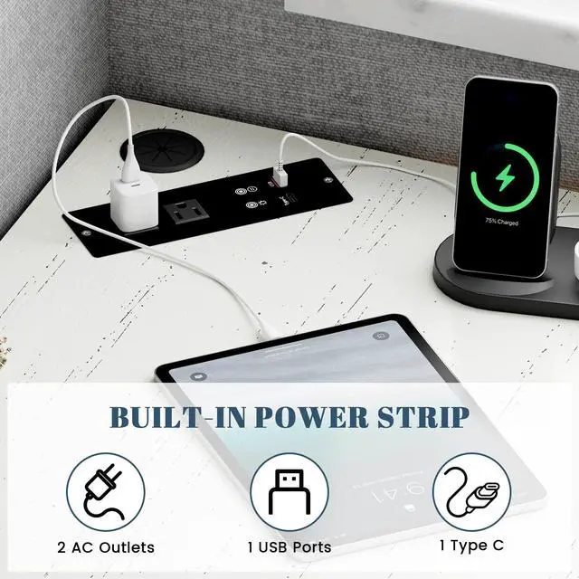 Alt view image 4 of 6 - Corner Desk with Charging Station and LED Lights, White | Triangle gaming computer desk for home office, Features space saving storage shelves, CPU stand, and smart LED light