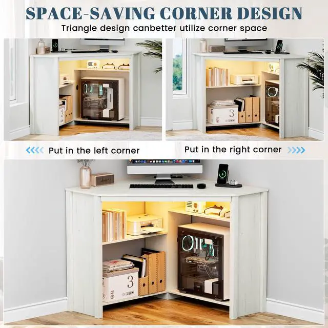 Alt view image 6 of 6 - Corner Desk with Charging Station and LED Lights, White | Triangle gaming computer desk for home office, Features space saving storage shelves, CPU stand, and smart LED light