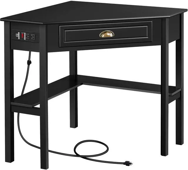 Main image of L Shaped Computer Desk Corner Table with Charging Station Outlets for Small Space, 90 Degree Triangle Desk Home Office Table with Drawer and Storage Shelf for Workstation, Living Room, Black