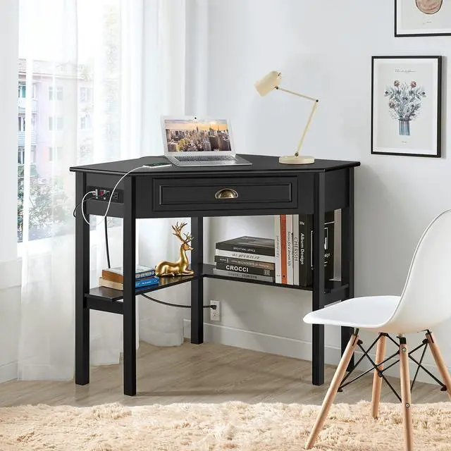 Alt view image 2 of 6 - L Shaped Computer Desk Corner Table with Charging Station Outlets for Small Space, 90 Degree Triangle Desk Home Office Table with Drawer and Storage Shelf for Workstation, Living Room, Black