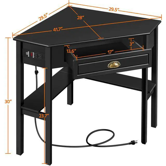 Alt view image 3 of 6 - L Shaped Computer Desk Corner Table with Charging Station Outlets for Small Space, 90 Degree Triangle Desk Home Office Table with Drawer and Storage Shelf for Workstation, Living Room, Black