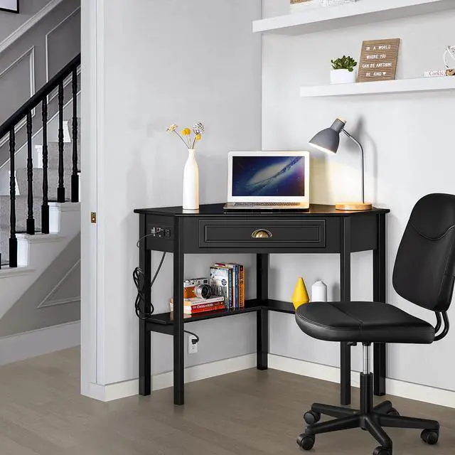 Alt view image 4 of 6 - L Shaped Computer Desk Corner Table with Charging Station Outlets for Small Space, 90 Degree Triangle Desk Home Office Table with Drawer and Storage Shelf for Workstation, Living Room, Black