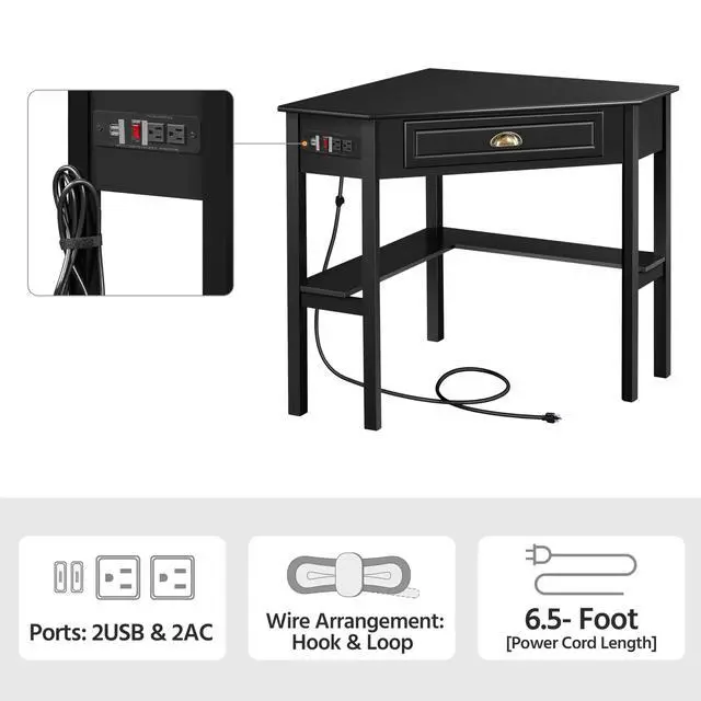 Alt view image 5 of 6 - L Shaped Computer Desk Corner Table with Charging Station Outlets for Small Space, 90 Degree Triangle Desk Home Office Table with Drawer and Storage Shelf for Workstation, Living Room, Black