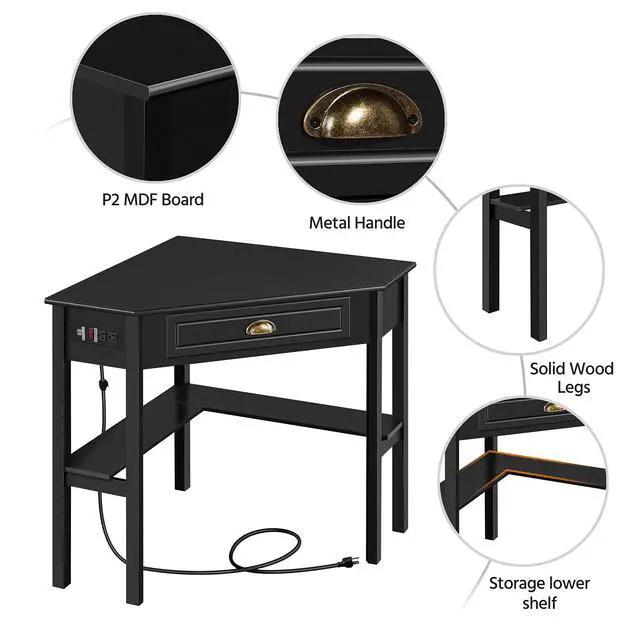 Alt view image 6 of 6 - L Shaped Computer Desk Corner Table with Charging Station Outlets for Small Space, 90 Degree Triangle Desk Home Office Table with Drawer and Storage Shelf for Workstation, Living Room, Black