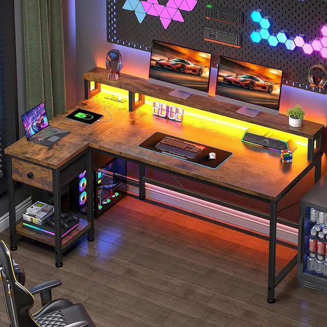 Alt view image 2 of 6 - 48" L- Shaped Computer Desk with LED Light and Power Outlet, Reversible Home Office Desk With Drawer and Shelf, Gaming Desk with Monitor Stand for Gamer, Student, Bedroom, Small Space, Brown