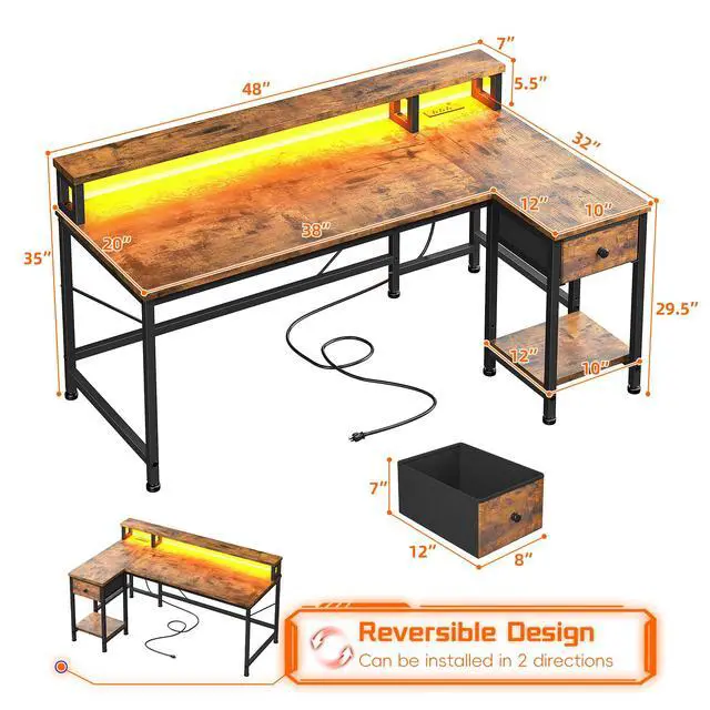 Alt view image 3 of 6 - 48" L- Shaped Computer Desk with LED Light and Power Outlet, Reversible Home Office Desk With Drawer and Shelf, Gaming Desk with Monitor Stand for Gamer, Student, Bedroom, Small Space, Brown
