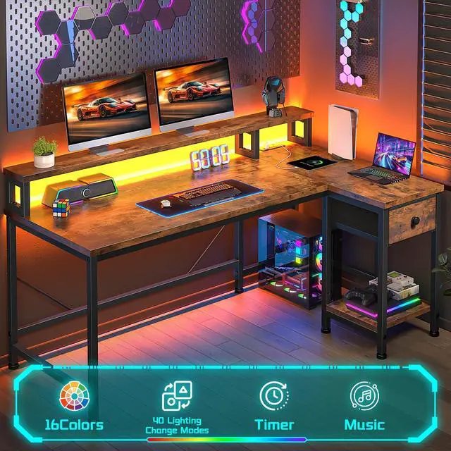 Alt view image 4 of 6 - 48" L- Shaped Computer Desk with LED Light and Power Outlet, Reversible Home Office Desk With Drawer and Shelf, Gaming Desk with Monitor Stand for Gamer, Student, Bedroom, Small Space, Brown