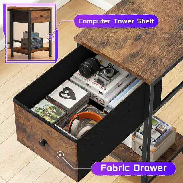 Alt view image 5 of 6 - 48" L- Shaped Computer Desk with LED Light and Power Outlet, Reversible Home Office Desk With Drawer and Shelf, Gaming Desk with Monitor Stand for Gamer, Student, Bedroom, Small Space, Brown