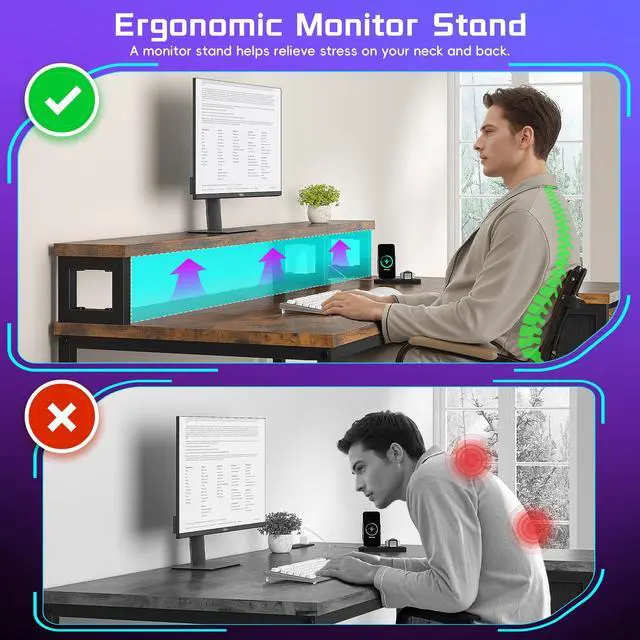 Alt view image 6 of 6 - 48" L- Shaped Computer Desk with LED Light and Power Outlet, Reversible Home Office Desk With Drawer and Shelf, Gaming Desk with Monitor Stand for Gamer, Student, Bedroom, Small Space, Brown