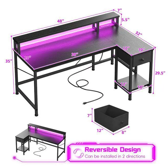 Alt view image 3 of 6 - 48" L- Shaped Gaming Desk with LED Lights & Power Outlet,Gaming Desk with Monitor Stand for Gamer,Home Office Desk with Drawer for Student Study Room,Bedroom,Small Working Room,Black