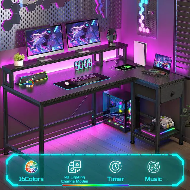 Alt view image 4 of 6 - 48" L- Shaped Gaming Desk with LED Lights & Power Outlet,Gaming Desk with Monitor Stand for Gamer,Home Office Desk with Drawer for Student Study Room,Bedroom,Small Working Room,Black
