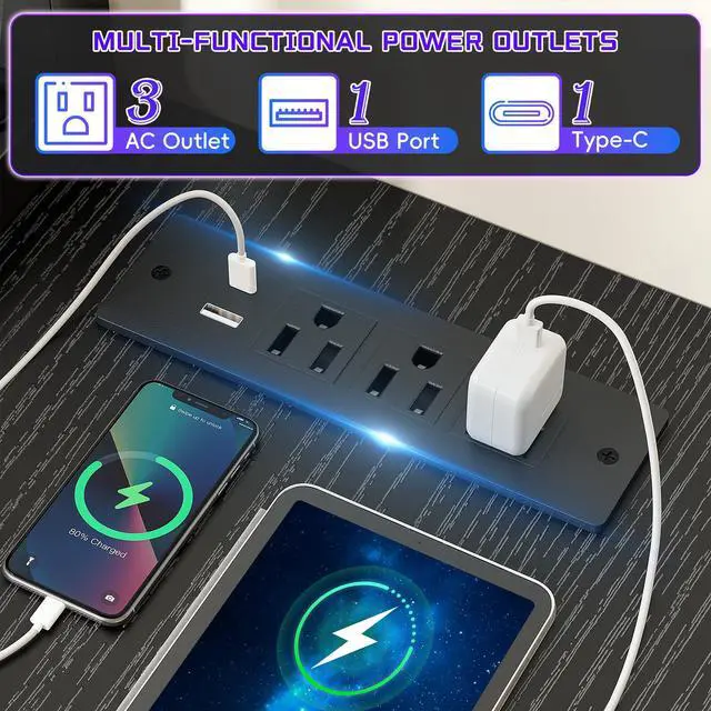 Alt view image 6 of 6 - 48" L- Shaped Gaming Desk with LED Lights & Power Outlet,Gaming Desk with Monitor Stand for Gamer,Home Office Desk with Drawer for Student Study Room,Bedroom,Small Working Room,Black