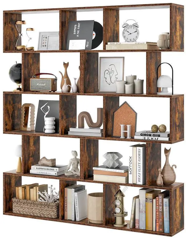 Main image of 5-Tier Geometric Bookshelf Set of 2, 62.5" Tall Wood Industrial S-Shaped Bookcase with Anti-Tipping Device, Floor Standing Display Shelf for Bedroom, Living Room, Study, Rustic Brown