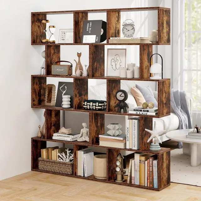Alt view image 2 of 6 - 5-Tier Geometric Bookshelf Set of 2, 62.5" Tall Wood Industrial S-Shaped Bookcase with Anti-Tipping Device, Floor Standing Display Shelf for Bedroom, Living Room, Study, Rustic Brown