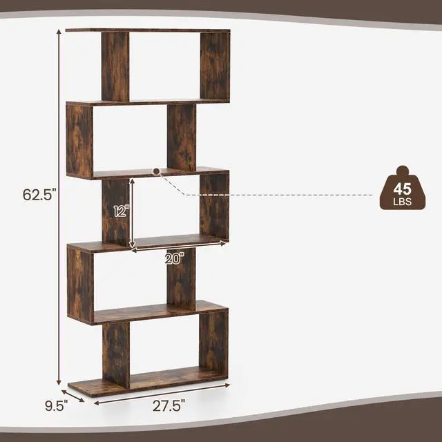 Alt view image 3 of 6 - 5-Tier Geometric Bookshelf Set of 2, 62.5" Tall Wood Industrial S-Shaped Bookcase with Anti-Tipping Device, Floor Standing Display Shelf for Bedroom, Living Room, Study, Rustic Brown