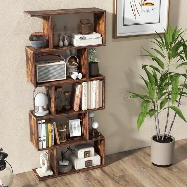 Alt view image 4 of 6 - 5-Tier Geometric Bookshelf Set of 2, 62.5" Tall Wood Industrial S-Shaped Bookcase with Anti-Tipping Device, Floor Standing Display Shelf for Bedroom, Living Room, Study, Rustic Brown