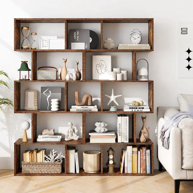 Alt view image 5 of 6 - 5-Tier Geometric Bookshelf Set of 2, 62.5" Tall Wood Industrial S-Shaped Bookcase with Anti-Tipping Device, Floor Standing Display Shelf for Bedroom, Living Room, Study, Rustic Brown