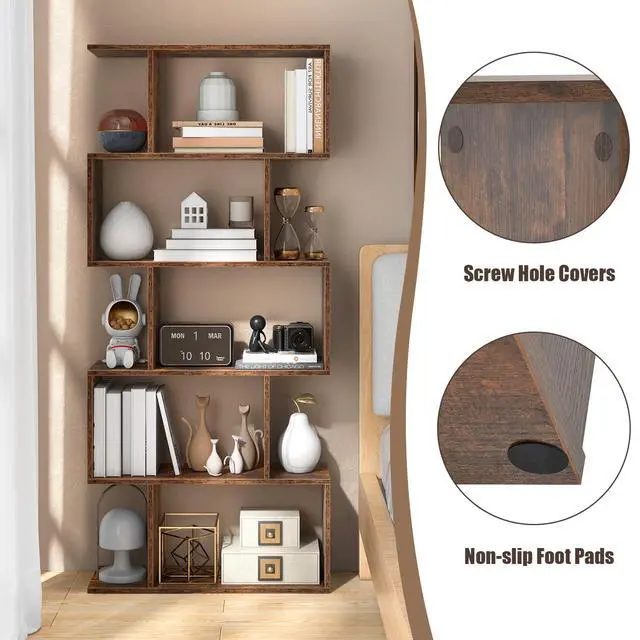 Alt view image 6 of 6 - 5-Tier Geometric Bookshelf Set of 2, 62.5" Tall Wood Industrial S-Shaped Bookcase with Anti-Tipping Device, Floor Standing Display Shelf for Bedroom, Living Room, Study, Rustic Brown