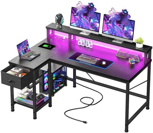 Main image of 40" L- Shaped Gaming Desk with LED Lights & Power Outlet,Gaming Desk with Monitor Stand for Gamer,Home Office Desk with Drawer for Student Study Room,Bedroom,Small Working Room,Black
