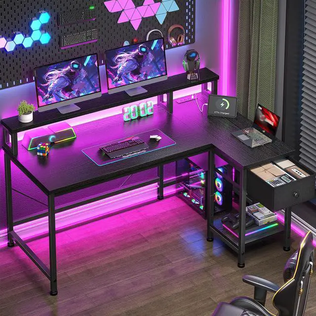 Alt view image 2 of 6 - 40" L- Shaped Gaming Desk with LED Lights & Power Outlet,Gaming Desk with Monitor Stand for Gamer,Home Office Desk with Drawer for Student Study Room,Bedroom,Small Working Room,Black