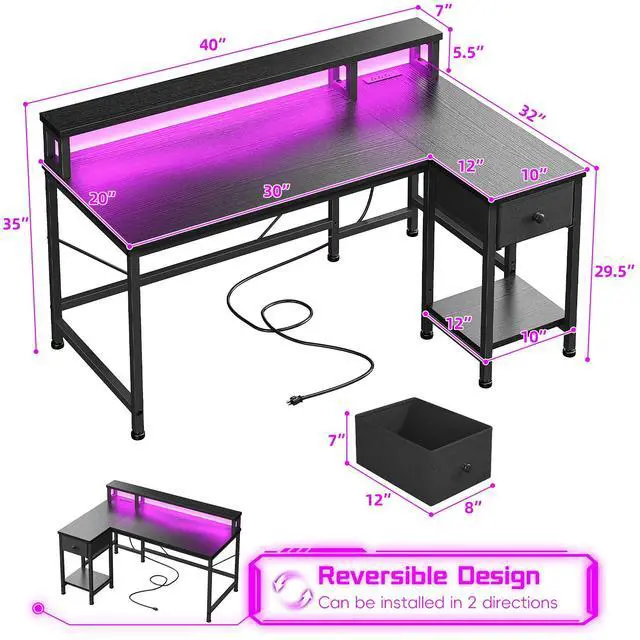 Alt view image 3 of 6 - 40" L- Shaped Gaming Desk with LED Lights & Power Outlet,Gaming Desk with Monitor Stand for Gamer,Home Office Desk with Drawer for Student Study Room,Bedroom,Small Working Room,Black