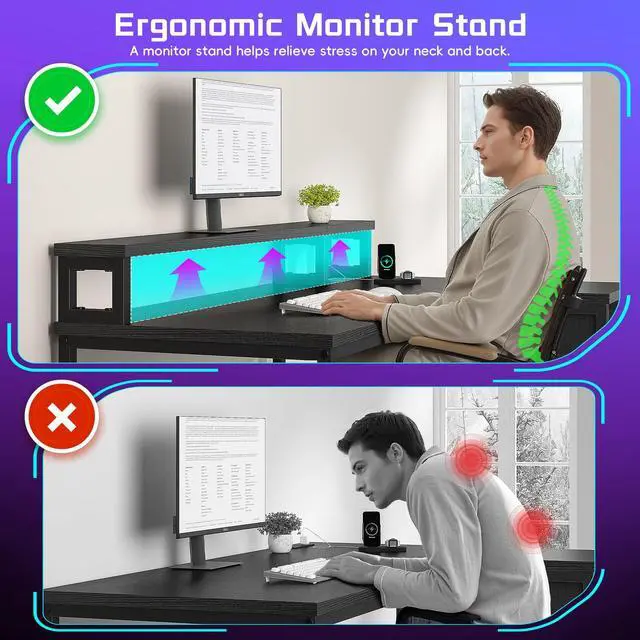 Alt view image 6 of 6 - 40" L- Shaped Gaming Desk with LED Lights & Power Outlet,Gaming Desk with Monitor Stand for Gamer,Home Office Desk with Drawer for Student Study Room,Bedroom,Small Working Room,Black