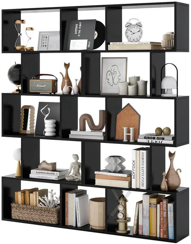 Main image of 5-Tier Geometric Bookshelf Set of 2 Black, 62.5" Tall Wood S-Shaped Bookcase with Anti-Tipping Device, Floor Standing Display Shelf for Bedroom, Living Room, Study