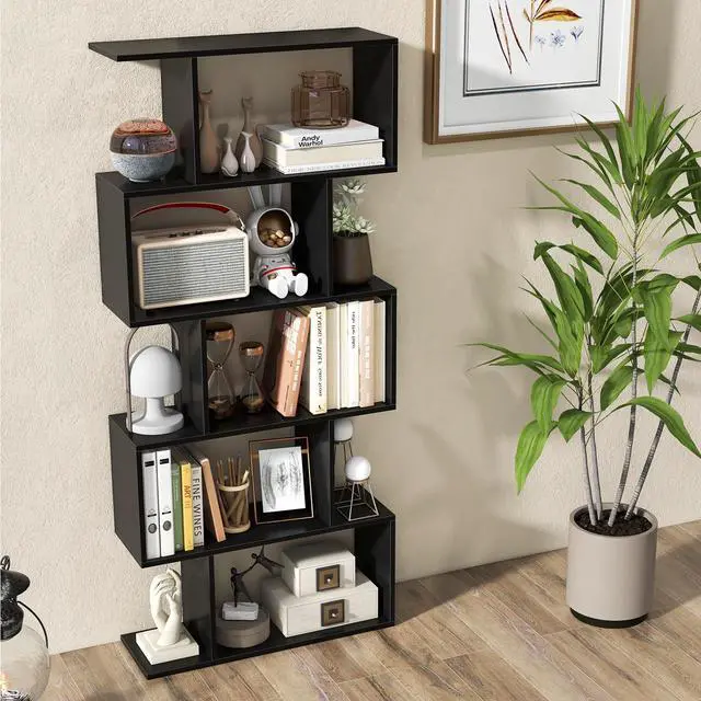 Alt view image 2 of 6 - 5-Tier Geometric Bookshelf Set of 2 Black, 62.5" Tall Wood S-Shaped Bookcase with Anti-Tipping Device, Floor Standing Display Shelf for Bedroom, Living Room, Study