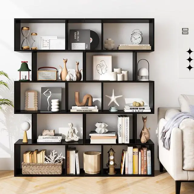 Alt view image 4 of 6 - 5-Tier Geometric Bookshelf Set of 2 Black, 62.5" Tall Wood S-Shaped Bookcase with Anti-Tipping Device, Floor Standing Display Shelf for Bedroom, Living Room, Study