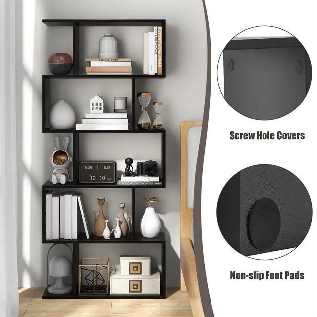 Alt view image 6 of 6 - 5-Tier Geometric Bookshelf Set of 2 Black, 62.5" Tall Wood S-Shaped Bookcase with Anti-Tipping Device, Floor Standing Display Shelf for Bedroom, Living Room, Study
