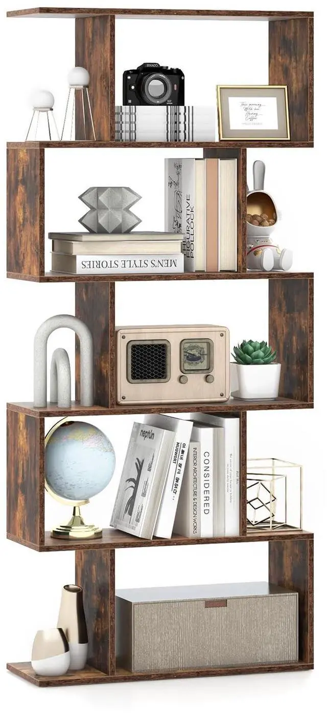 Main image of 5-Tier Geometric Bookshelf, 62.5" Tall Wood Industrial S-Shaped Bookcase with Anti-Tipping Device, Floor Standing Display Shelf for Bedroom, Living Room, Study, Rustic Brown