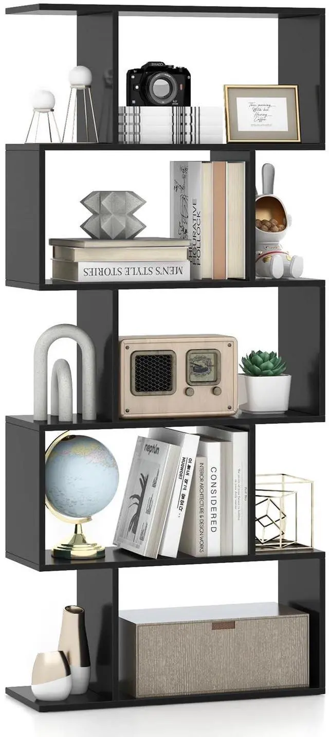 Main image of 5-Tier Geometric Bookshelf Black, 62.5" Tall Wood S-Shaped Bookcase with Anti-Tipping Device, Floor Standing Display Shelf for Bedroom, Living Room, Study