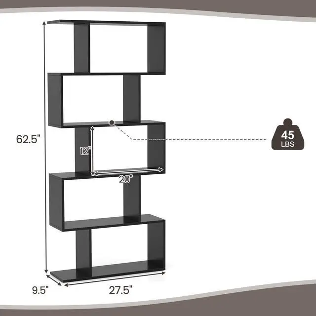 Alt view image 3 of 12 - 5-Tier Geometric Bookshelf Black, 62.5" Tall Wood S-Shaped Bookcase with Anti-Tipping Device, Floor Standing Display Shelf for Bedroom, Living Room, Study