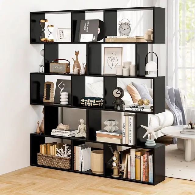 Alt view image 4 of 12 - 5-Tier Geometric Bookshelf Black, 62.5" Tall Wood S-Shaped Bookcase with Anti-Tipping Device, Floor Standing Display Shelf for Bedroom, Living Room, Study