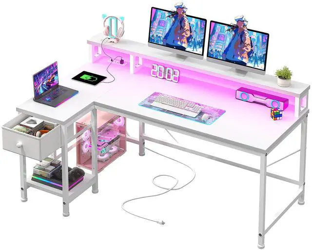 Main image of 48" L- Shaped Computer Desk with LED Light and Power Outlet, Reversible Home Office Desk With Drawer and Shelf, Gaming Desk with Monitor Stand for Gamer, Student, Bedroom, Small Space, White