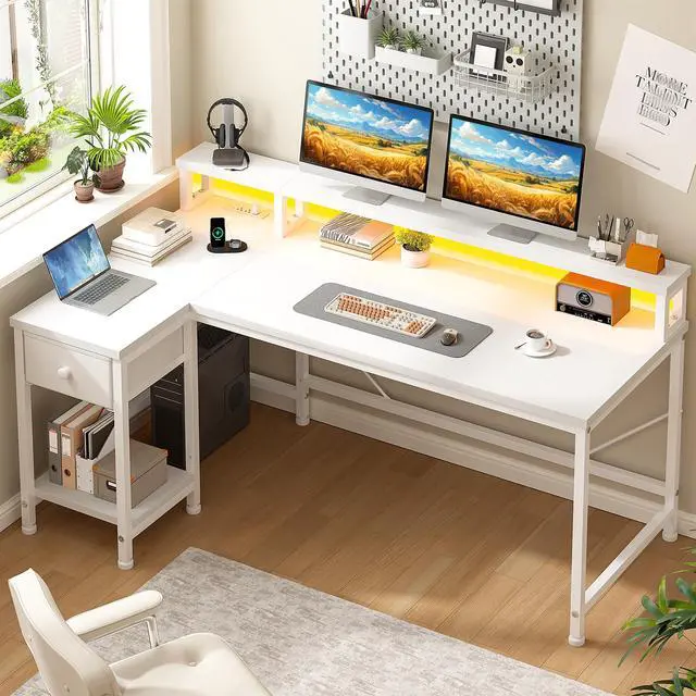 Alt view image 2 of 6 - 48" L- Shaped Computer Desk with LED Light and Power Outlet, Reversible Home Office Desk With Drawer and Shelf, Gaming Desk with Monitor Stand for Gamer, Student, Bedroom, Small Space, White