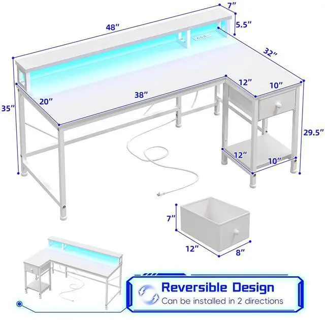 Alt view image 3 of 6 - 48" L- Shaped Computer Desk with LED Light and Power Outlet, Reversible Home Office Desk With Drawer and Shelf, Gaming Desk with Monitor Stand for Gamer, Student, Bedroom, Small Space, White